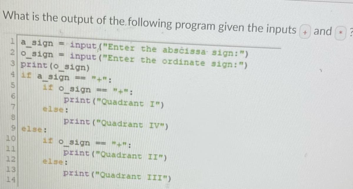 What is the output of the following program given the inputs
AAAAA
3
4 if a sign
45600 OHN M4
a_sign = input ("Enter the abscissä sign:")
o_sign = input ("Enter the ordinate sign:")
print (o sign)
10
if o_sign == "+":
9 else:
else:
= "+":
print ("Quadrant I")
print ("Quadrant IV")
if o sign == "+":
print ("Quadrant II")
else:
print ("Quadrant III")
+ and
?