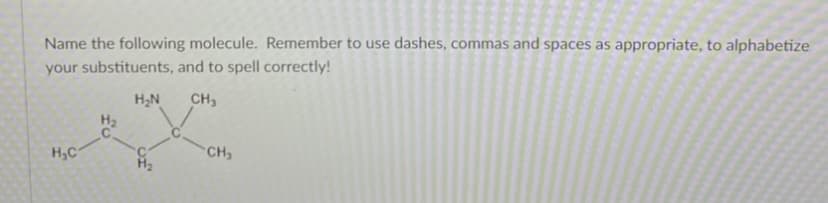 Name the following molecule. Remember to use dashes, commas and spaces as appropriate, to alphabetize
your substituents, and to spell correctly!
H,N
CH3
H,C
CH
fo
