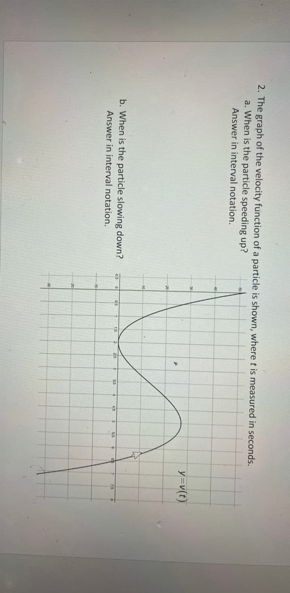 2. The graph of the velocity function of a particle is shown, where t is measured in seconds.
a. When is the particle speeding up?
Answer in interval notation.
y=v(t)
b. When is the particle slowing down?
Loso
25
4.5
Answer in interval notation.
