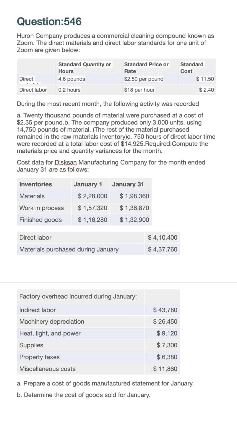 Question:546
Huron Company produces a commercial cleaning compound known as
Zoom. The direct materials and direct labor standards for one unit of
Zoom are given below:
Standard Quantity or
Hours
Standard Price or
Rate
Standard
Cost
Direct
4.6 pounds
$2.50 per pound
$11.50
Direct labor
0.2 hours
$18 per hour
$2.40
During the most recent month, the following activity was recorded
a. Twenty thousand pounds of material were purchased at a cost of
$2.35 per pound.b. The company produced only 3,000 units, using
14,750 pounds of material. (The rest of the material purchased
remained in the raw materials inventory)c. 750 hours of direct labor time
were recorded at a total labor cost of $14,925.Required:Compute the
materials price and quantity variances for the month.
Cost data for Disksan Manufacturing Company for the month ended
January 31 are as follows:
Inventories
January 1
January 31
Materials
$ 2,28,000
$1,98,360
Work in process
$ 1,57,320
$ 1,36,870
Finished goods
$ 1,16,280
$1,32,900
Direct labor
$4,10,400
Materials purchased during January
$ 4,37,760
Factory overhead incurred during January:
Indirect labor
$ 43,780
Machinery depreciation
Heat, light, and power
$26,450
$9,120
Supplies
$ 7,300
Property taxes
$ 6,380
Miscellaneous costs
$ 11,860
a. Prepare a cost of goods manufactured statement for January.
b. Determine the cost of goods sold for January.