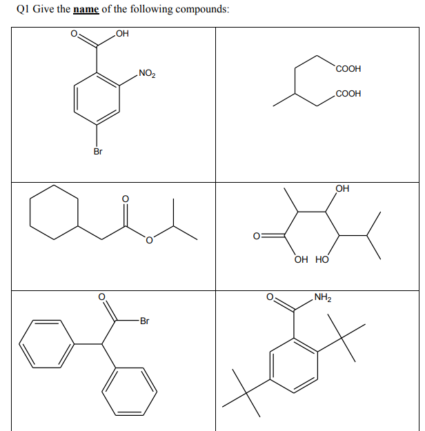 Q1 Give the name of the following compounds:
LOH
COOH
NO2
COOH
Br
OH
Он но
NH2
Br
