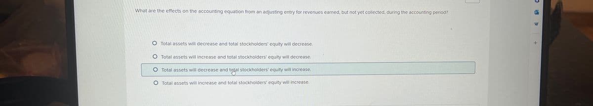 What are the effects on the accounting equation from an adjusting entry for revenues earned, but not yet collected, during the accounting period?
O Total assets will decrease and total stockholders' equity will decrease.
O Total assets will increase and total stockholders' equity will decrease.
Total assets will decrease and total stockholders' equity will increase.
O Total assets will increase and total stockholders' equity will increase.
+