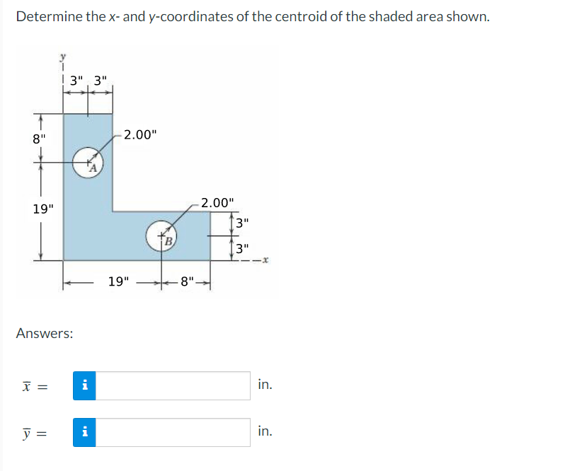 Determine the x- and y-coordinates of the centroid of the shaded area shown.
3", 3"
8"
-2.00"
-2.00"
19"
3"
B
3"
19"
8".
Answers:
i
in.
y =
i
in.
