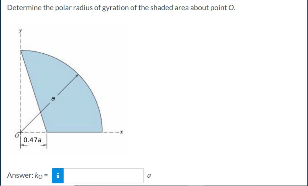 Determine the polar radius of gyration of the shaded area about point O.
0.47a
Answer: ko =
a
