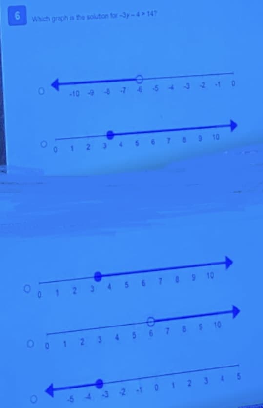 6
Which graph is the solution for-3y-4>14?
-10-9-8-7 6 5 4 3 2 1 0
0123
O
0 1 2 3 4 5 6 7 8 9 10
5 6 7 8 9 10
o
001 2 3 4 5 6 7 8 9 10
43
0 1 2 3 4 5