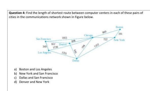 Question 4: Find the length of shortest route between computer centers in each of these pairs of
cities in the communications network shown in Figure below.
Boston
860
San Francisco
1855
Chicago
191
908
722
957 Demver
349
1736
New York
798
1372
Los Angeles
1235
Dallas
a) Boston and Los Angeles
b) New York and San Francisco
c) Dallas and San Francisco
d) Denver and New York
645
