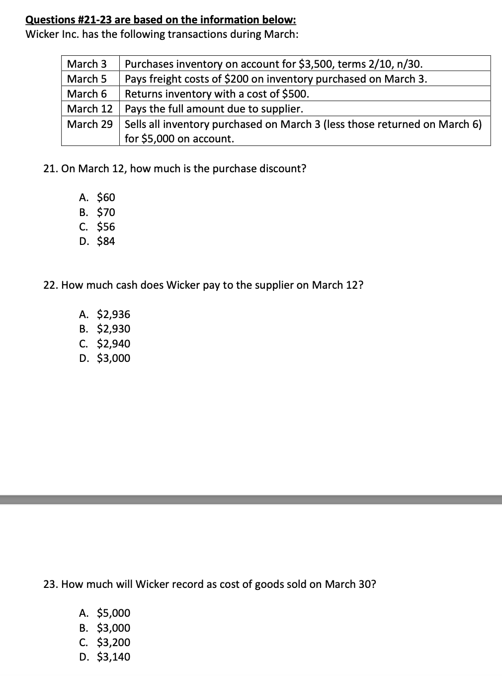 Questions # 21-23 are based on the information below:
Wicker Inc. has the following transactions during March:
March 3
March 5
March 6
March 12
March 29
Purchases inventory on account for $3,500, terms 2/10, n/30.
Pays freight costs of $200 on inventory purchased on March 3.
Returns inventory with a cost of $500.
A. $60
B. $70
C. $56
D. $84
Pays the full amount due to supplier.
Sells all inventory purchased on March 3 (less those returned on March 6)
for $5,000 on account.
21. On March 12, how much is the purchase discount?
22. How much cash does Wicker pay to the supplier on March 12?
A. $2,936
B. $2,930
C. $2,940
D. $3,000
23. How much will Wicker record as cost of goods sold on March 30?
A. $5,000
B. $3,000
C. $3,200
D. $3,140