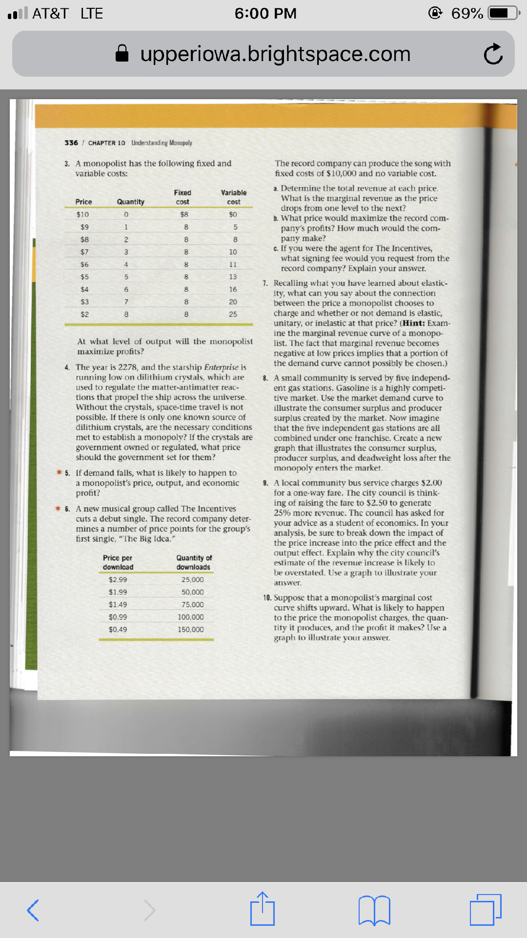 AT&T LTE
6:00 PM
69%
a upperiowa.brightspace.com
336/ CHAPTER 10 Understanding Monopoly
3. A monopolist has the following fixed and
The record company can produce the song with
fixed costs of $10,000 and no variable cost.
variable costs:
Fixed Variable a. Determine the total revenue at each price
What is the marginal revenue as the price
Price
$10
$9
$8
Quantitycost
cost
drops from one level to the next?
b. What price would maximize the record com-
pany's profits? How much would the com-
pany make
c. If you were the agent for The Incentives,
8
10
what signing fee would you request from the
$6
$%5
$4
$3
$2
record company? Explain your answer.
13
16
20
25
7. Recalling what you have learned about elastic-
ity, what can you say about the connection
between the price a monopolist chooses to
charge and whether or not demand is elastic,
unitary, or inelastic at that price? (Hint: Exam
ine the marginal revenue curve of a monopo-
7
At what level of output will the monopolist
maximize profits?
list. The fact that marginal revenue becomes
negative at low prices implies that a portion of
the demand curve cannot possibly be chosen.)
Asmall community is served by five independ-
4. The year is 2278, and the starsh
ip Enterprise is
running low on dilithium crystals, which are
used to regulate t
tions that propel the ship across the universe
Without the crystals, space-time travel is not
possible. If there is only one known source of
dilithium crystals, are the necessary conditions
met to establish a monopoly? If the crystals are
government owned or regulated, what price
should the government set for them
8.
atte
ent gas stations. Gasoline is a highly competi-
tive market. Use
illustrate the consumer surplus and producer
surplus created by the market. Now imagine
that the five independent gas stations are all
combined under onc franchise. Crcate a neW
graph that illustrates the consumer surplus,
producer surplus, and deadweight loss after the
the market demand curve to
monopoly enters the market.
5. If demand falls, what is likely to happen to
a monopolist's price, output, and economic
profit?
9. A local community bus service charges $2.00
for a one-way fare. The city council is think-
ing of raising the fare to $2.50 to generate
25% more revenue. The council has asked for
. A new musical group called The Incentives
company deter-
cuts a debut single. The record
mines a number of price points for the group's
first single, "The Big Idca."
your advice as a student of economics. In your
analysis, be sure to break down the impact of
the price increase into the price effect and the
output effect. Explain why the city council's
estimate of the revenue increase is likely to
be overstated. Use a graph to illustrate your
ariswe
Price per
Quantity of
download
$2.99
$1.99
download
25,000
50,000
75,000
100,000
150,000
10. Suppose that a monopolist's marginal cost
curve shifts upward. What is likely to happen
to the price the monopolist charges, the quan-
tity it produces, and the profit it makes? Use a
graph to illustrate your answer.
$0.99
$0.49
