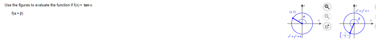 Use the figures to evaluate the function if f(x) = tan x.
x + y? = 1
(x,1)
f(a + B)
x + y? = 4|
