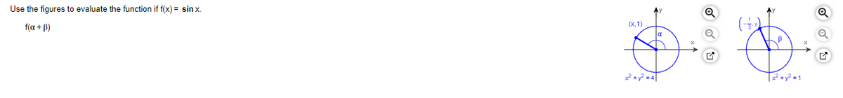 Use the figures to evaluate the function if f(x) = sin x.
f(a + B)
(x, 1)
x2 + y? = 4|
2+y² = 1
