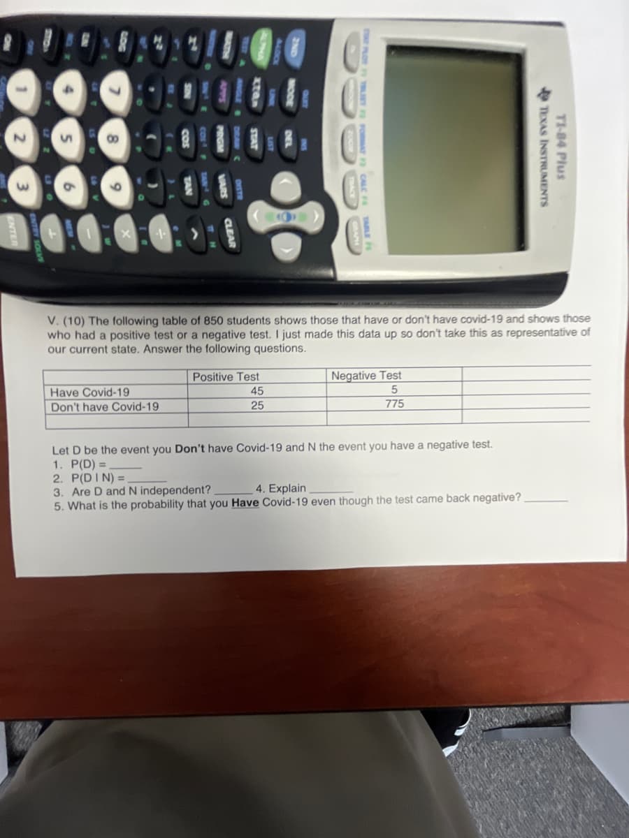 V. (10) The following table of 850 students shows those that have or don't have covid-19 and shows those
who had a positive test or a negative test. I just made this data up so don't take this as representative of
our current state. Answer the following questions.
Negative Test
5
Positive Test
Have Covid-19
45
Don't have Covid-19
25
775
Let D be the event you Don't have Covid-19 and N the event you have a negative test.
1. P(D) =
2. P(D I N) =
3. Are D and N independent?
5. What is the probability that you Have Covid-19 even though the test came back negative?
4. Explain
TI-84 Plus
TEXAS INSTRUMENTS

