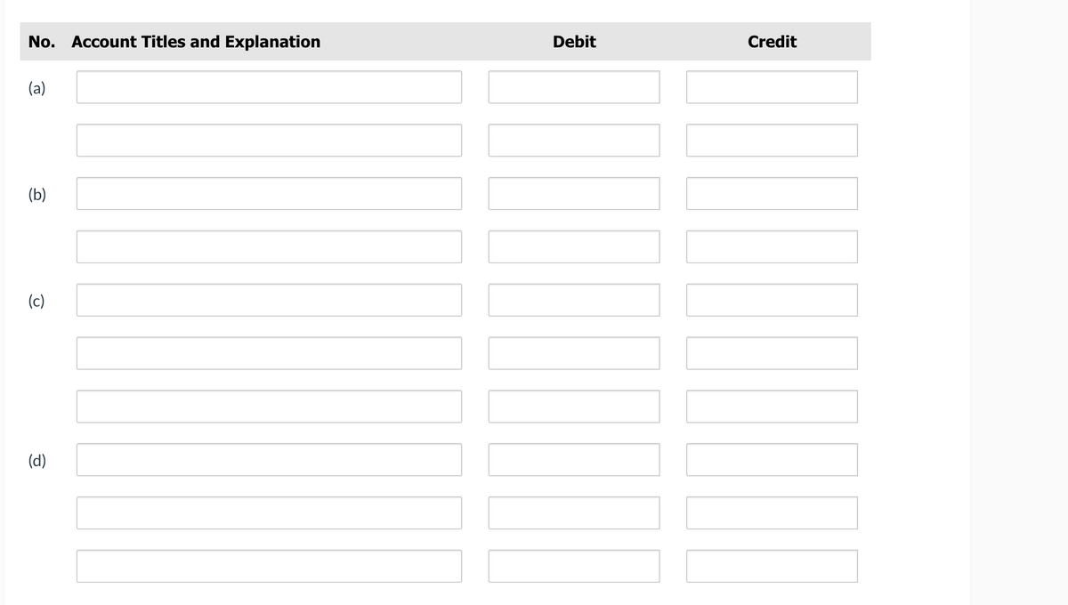 No. Account Titles and Explanation
Debit
Credit
(a)
(b)
(c)
(d)
