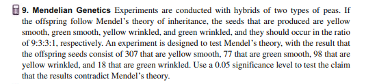 | 9. Mendelian Genetics Experiments are conducted with hybrids of two types of peas. If
the offspring follow Mendel's theory of inheritance, the seeds that are produced are yellow
smooth, green smooth, yellow wrinkled, and green wrinkled, and they should occur in the ratio
of 9:3:3:1, respectively. An experiment is designed to test Mendel's theory, with the result that
the offspring seeds consist of 307 that are yellow smooth, 77 that are green smooth, 98 that are
yellow wrinkled, and 18 that are green wrinkled. Use a 0.05 significance level to test the claim
that the results contradict Mendel's theory.
