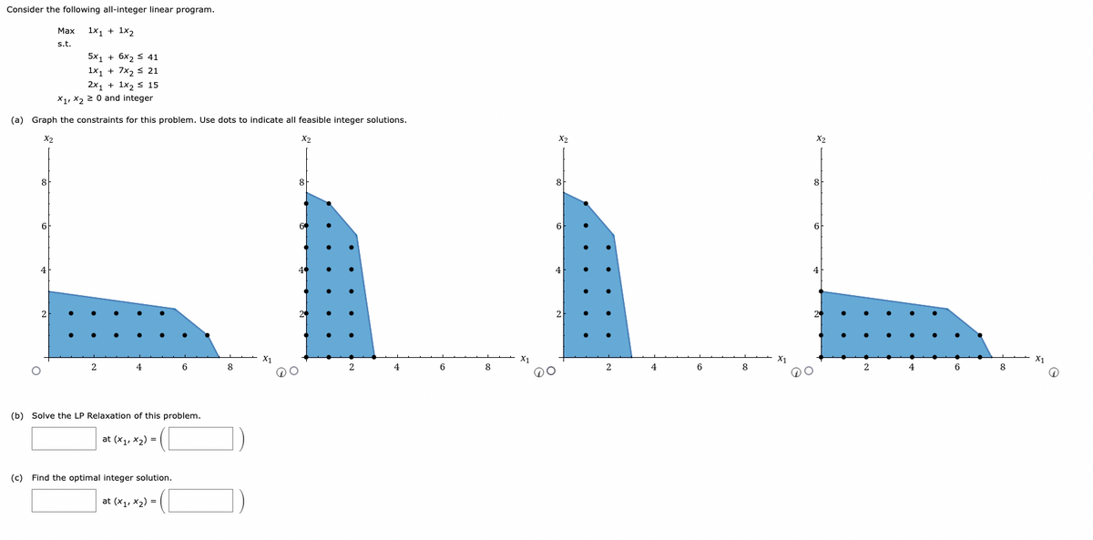 Consider the following all-integer linear program.
Max 1x₁ + 1x2
s.t.
2x₁ + 1x₂ ≤ 15
X₁, X₂20 and integer
(a) Graph the constraints for this problem. Use dots to indicate all feasible integer solutions.
X2
8
6
5x₁ + 6x₂ ≤ 41
1x₁ + 7x₂ ≤ 21
2
6
(b) Solve the LP Relaxation of this problem.
at (x1, x₂) =
(c) Find the optimal integer solution.
at (x1, x₂) =
8
X₁
X2
8
2
4
6
8
X₁
X2
8
6
4
2
2
4
6
8
X1
X2
8
6
4
2
4
6
8
X₁