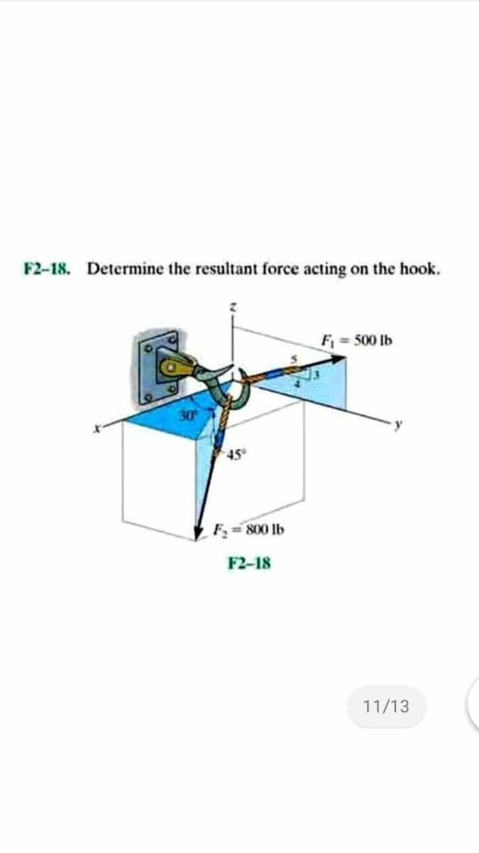 F2-18. Determine the resultant force acting on the hook.
Fj = 500 lb
30
45
F= 800 lb
F2-18
11/13
