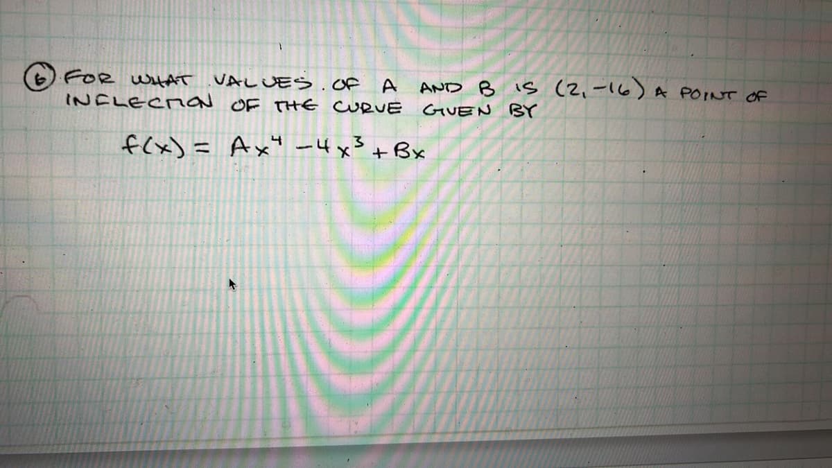 FOR WHAT
VALUES. OF A
INFLECTION OF THE CURVE
f(x) = Ax² - 4x³ + Bx
AND BIS (2₁-16) A POINT OF
GUEN BY
