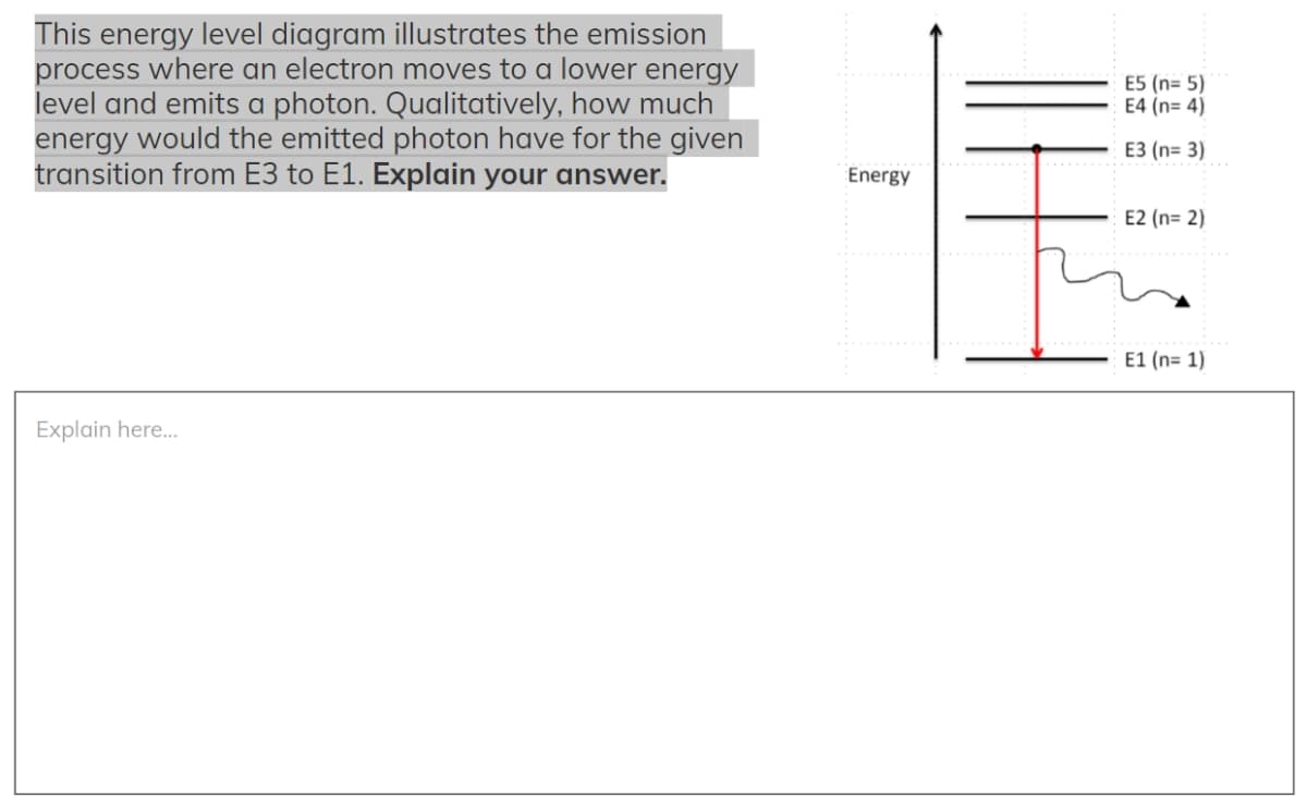 This energy level diagram illustrates the emission
process where an electron moves to a lower energy
level and emits a photon. Qualitatively, how much
energy would the emitted photon have for the given
transition from E3 to E1. Explain your answer.
Explain here...
Energy
E5 (n= 5)
E4 (n=4)
E3 (n= 3)
E2 (n=2)
E1 (n=1)