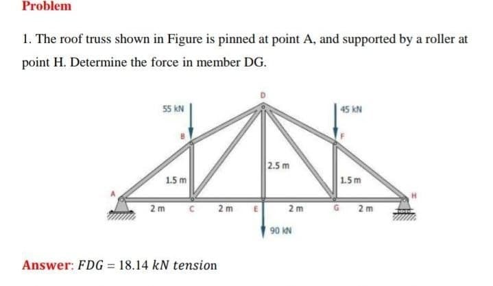 Problem
1. The roof truss shown in Figure is pinned at point A, and supported by a roller at
point H. Determine the force in member DG.
55 kN
45 KN
2.5 m
1.5 m
1.5m
2 m
C 2m
E
2 m
G2m
90 KN
Answer: FDG = 18.14 kN tension