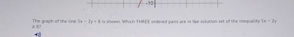 -10
The graph of the line 5x - 2y 8 is shown. Which THREE ordered pairs are in the solution set of the inequality 5x - 2y
2 8?
))

