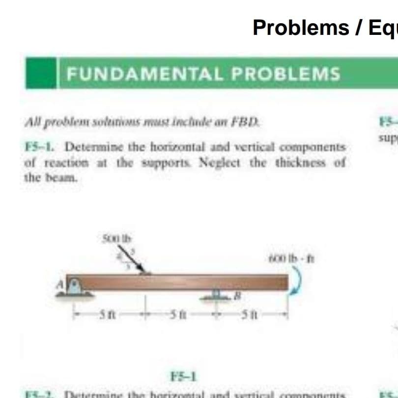 Problems / Eqi
FUNDAMENTAL PROBLEMS
All problem solatioIS must include an FBD.
FS-1. Determine the horizontal and vertical companents
of reaction at the supports. Neglect the thickness of
the beam.
FS
sup
SCI tb
t tb-ft
5t
511
F5-1
Determine the harizontal and
irnts
