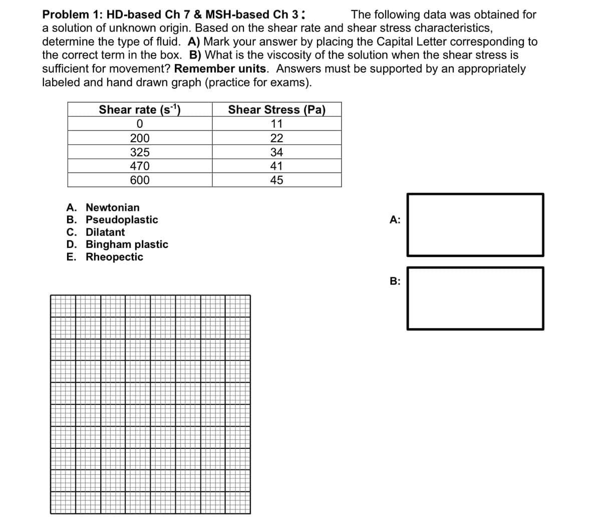 Problem 1: HD-based Ch 7 & MSH-based Ch 3:
a solution of unknown origin. Based on the shear rate and shear stress characteristics,
determine the type of fluid. A) Mark your answer by placing the Capital Letter corresponding to
the correct term in the box. B) What is the viscosity of the solution when the shear stress is
sufficient for movement? Remember units. Answers must be supported by an appropriately
labeled and hand drawn graph (practice for exams).
The following data was obtained for
Shear rate (s)
Shear Stress (Pa)
11
200
22
325
470
34
41
600
45
A. Newtonian
B. Pseudoplastic
C. Dilatant
D. Bingham plastic
E. Rheopectic
A:
B:
