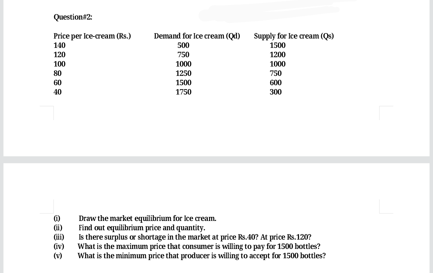 Price per Ice-cream (Rs.)
Demand for Ice cream (Qd)
Supply for Ice cream (Qs)
1500
140
500
120
750
1200
100
1000
1000
80
1250
750
60
1500
600
40
1750
300
(i)
(ii)
(iii)
(iv)
Draw the market equilibrium for Ice cream.
Find out equilibrium price and quantity.
Is there surplus or shortage in the market at price Rs.40? At price Rs.120?
What is the maximum price that consumer is willing to pay for 1500 bottles?
What is the minimum price that producer is willing to accept for 1500 bottles?
