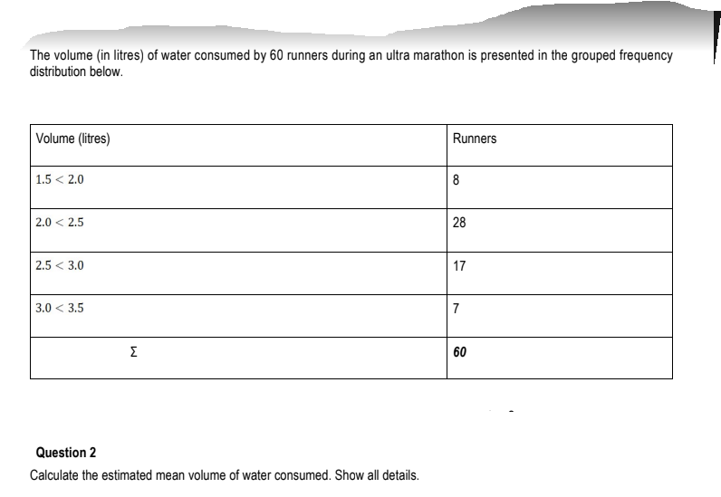 The volume (in litres) of water consumed by 60 runners during an ultra marathon is presented in the grouped frequency
distribution below.
Volume (litres)
1.5 < 2.0
2.0 2.5
2.5 < 3.0
3.0 < 3.5
W
Question 2
Calculate the estimated mean volume of water consumed. Show all details.
Runners
8
28
17
7
60