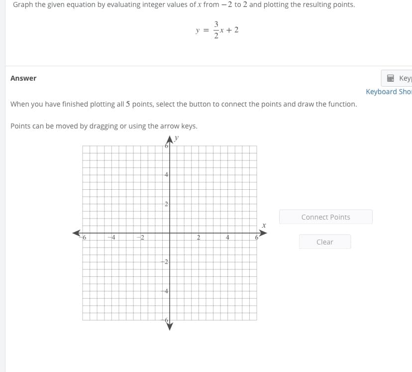 Graph the given equation by evaluating integer values of x from – 2 to 2 and plotting the resulting points.
3
y =
+ 2
Answer
Keyp
Keyboard Shor
When you have finished plotting all 5 points, select the button to connect the points and draw the function.
Points can be moved by dragging or using the arrow keys.
41
Connect Points
Clear
-2
-41
