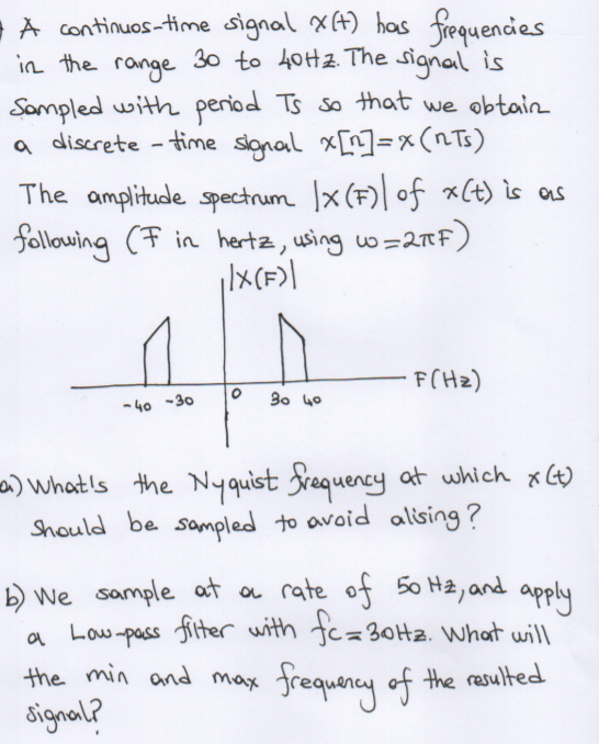 A continuos-time signal x(4) has frequencies
in the range 30 to 40H2. The signal is
Sompled with period Ts so that we obtain
a discrete - time signal x[]=x(nTs)
The amplitude spectrum x (F)| of x(t) is as
following (F in hertz, using w=2RF)
F(Hz)
30 40
- 40 -30
) What's the Ny quist Srequency at which x(4)
Should be sampled to avoid alising?
b) We sample at a rate of So H2, and apply
a Low -pass fiter with fc= 30Htz. What will
the min and max
frequency of
the resulted
dignal?
