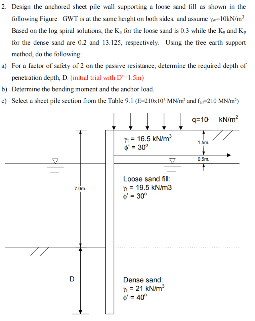 2. Design the anchored sheet pile wall supporting a loose sand fill as shown in the
following Figure. GWT is at the same height on both sides, and assume yw=10kN/m³.
Based on the log spiral solutions, the Ka for the loose sand is 0.3 while the Ka and Kp
for the dense sand are 0.2 and 13.125, respectively. Using the free earth support
method, do the following:
a) For a factor of safety of 2 on the passive resistance, determine the required depth of
penetration depth, D. (initial trial with D'=1.5m)
b) Determine the bending moment and the anchor load.
c) Select a sheet pile section from the Table 9.1 (E=210x10³ MN/m² and fair-210 MN/m²)
kN/m²
D
7.0m.
Yt = 16.5 kN/m³
o'= 30°
Loose sand fill:
Yt 19.5 kN/m3
o' = = 30°
Dense sand:
Yt = 21 kN/m³
$' = 40°
q=10
1.5m.
0.5m.
T