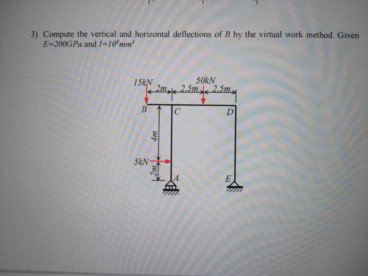 3) Compute the vertical and horizontal deflections of B by the virtual work method. Given
E=200GPa and I=108mm4.
15kN
B
5kN
20
4m
U
2m.
70
12m
mx 2.5m
C
A
50kN
m
A
A
2.5m
smy
D
E
W
V
P
FE
BOTH
2