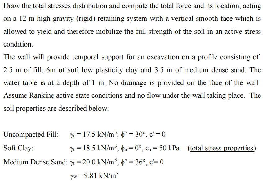 Draw the total stresses distribution and compute the total force and its location, acting
on a 12 m high gravity (rigid) retaining system with a vertical smooth face which is
allowed to yield and therefore mobilize the full strength of the soil in an active stress
condition.
The wall will provide temporal support for an excavation on a profile consisting of.
2.5 m of fill, 6m of soft low plasticity clay and 3.5 m of medium dense sand. The
water table is at a depth of 1 m. No drainage is provided on the face of the wall.
Assume Rankine active state conditions and no flow under the wall taking place. The
soil properties are described below:
Uncompacted Fill:
Soft Clay:
Y = 17.5 kN/m³; ' = 30°, c' = 0
Yt = 18.5 kN/m³; p = 0°, cu = 50 kPa (total stress properties)
Medium Dense Sand: y = 20.0 kN/m³; ² = 36°, c'= 0
Yw=9.81 kN/m³