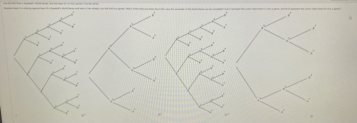 Use the fact that in baseball's World Series, the first team to win four games wins the series.
Suppose team A is playing against team B in baseball's World Series and team A has already won the first two games. Which of the following trees shows the vays the remainder of the World Series c
(Let A represent the event where teamA wins a game, and let B represent the event where team B wins a game.)
