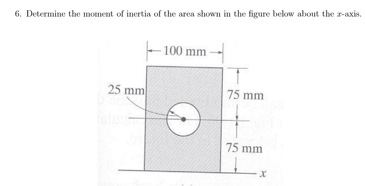 6. Determine the moment of inertia of the area shown in the figure below about the x-axis.
100 mm
25 mm
75 mm
75 mm
