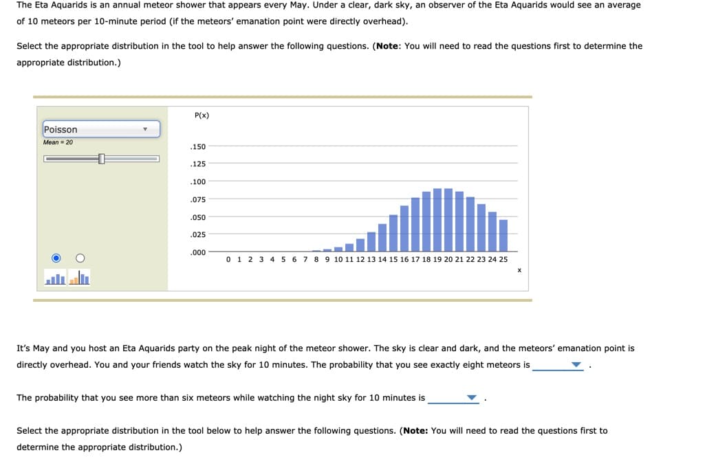 The Eta Aquarids is an annual meteor shower that appears every May. Under a clear, dark sky, an observer of the Eta Aquarids would see an average
of 10 meteors per 10-minute period (if the meteors' emanation point were directly overhead).
Select the appropriate distribution in the tool to help answer the following questions. (Note: You will need to read the questions first to determine the
appropriate distribution.)
P(x)
Poisson
Mean = 20
.150
.125
.100
.075
.050
.025
.000
0 1 2 3 4 5 6 7 8 9 10 11 12 13 14 15 16 17 18 19 20 21 22 23 24 25
It's May and you host an Eta Aquarids party on the peak night of the meteor shower. The sky is clear and dark, and the meteors' emanation point is
directly overhead. You and your friends watch the sky for 10 minutes. The probability that you see exactly eight meteors is
The probability that you see more than six meteors while watching the night sky for 10 minutes is
Select the appropriate distribution in the tool below to help answer the following questions. (Note: You will need to read the questions first to
determine the appropriate distribution.)
