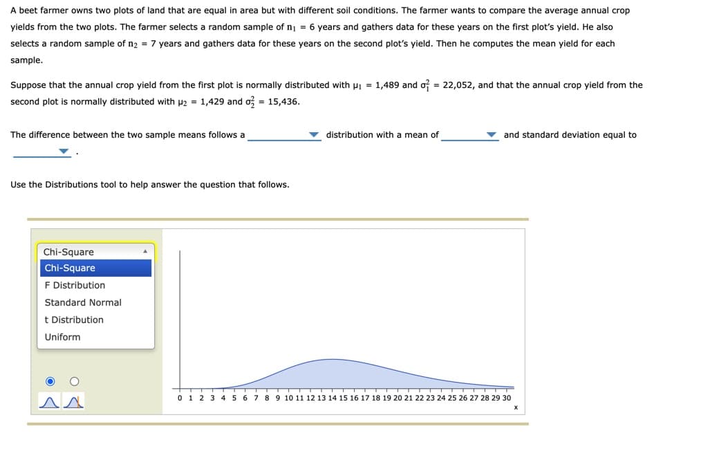 A beet farmer owns two plots of land that are equal in area but with different soil conditions. The farmer wants to compare the average annual crop
yields from the two plots. The farmer selects a random sample of ni = 6 years and gathers data for these years on the first plot's yield. He also
selects a random sample of n2 = 7 years and gathers data for these years on the second plot's yield. Then he computes the mean yield for each
sample.
Suppose that the annual crop yield from the first plot is normally distributed with Hi = 1,489 and o; = 22,052, and that the annual crop yield from the
second plot is normally distributed with P2 = 1,429 and of = 15,436.
The difference between the two sample means follows a
distribution with a mean of
v and standard deviation equal to
Use the Distributions tool to help answer the question that follows.
Chi-Square
Chi-Square
F Distribution
Standard Normal
t Distribution
Uniform
T
AA
0 1 2 3 4 5 6 7 8 9 10 11 12 13 14 15 16 17 18 19 20 21 22 23 24 25 26 27 28 29 30
