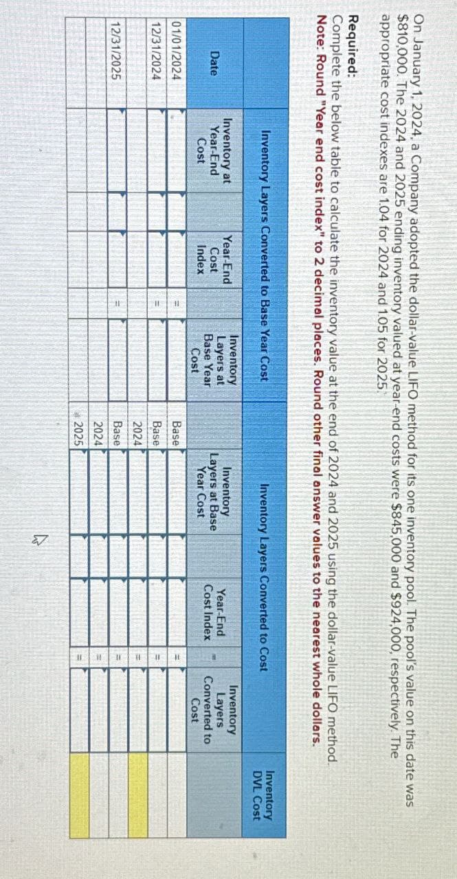 On January 1, 2024, a Company adopted the dollar-value LIFO method for its one inventory pool. The pool's value on this date was
$810,000. The 2024 and 2025 ending inventory valued at year-end costs were $845,000 and $924,000, respectively. The
appropriate cost indexes are 1.04 for 2024 and 1.05 for 2025
Required:
Complete the below table to calculate the inventory value at the end of 2024 and 2025 using the dollar-value LIFO method.
Note: Round "Year end cost index" to 2 decimal places. Round other final answer values to the nearest whole dollars.
Inventory Layers Converted to Base Year Cost
Inventory Layers Converted to Cost
Inventory at
Date
Year-End
Cost
Year-End
Inventory
Layers at
Inventory
Inventory
Cost
Base Year
Layers at Base
Year-End
Cost Index
Layers
Converted to
Index
Year Cost
Cost
Cost
01/01/2024
12/31/2024
Base
Base
2024
12/31/2025
Base
2024
2025
Inventory
DVL Cost