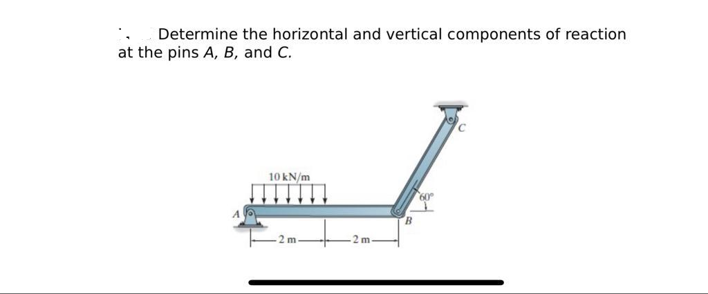 Determine the horizontal and vertical components of reaction
at the pins A, B, and C.
10 kN/m
2 m
-2 m
B
60°
1