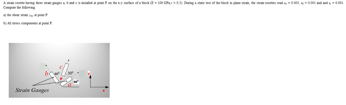 A strain rosette having three strain gauges a, b and c is installed at point P on the x-y surface of a block (E = 100 GPa,v = 0.3). During a static test of the block in plane strain, the strain rosettes read a = 0.003, € = 0.001 and and = 0.001.
Compute the following:
a) the shear strain yxy at point P.
b) All stress components at point P.
Strain Gauges
60⁰
P
30⁰
a
40°