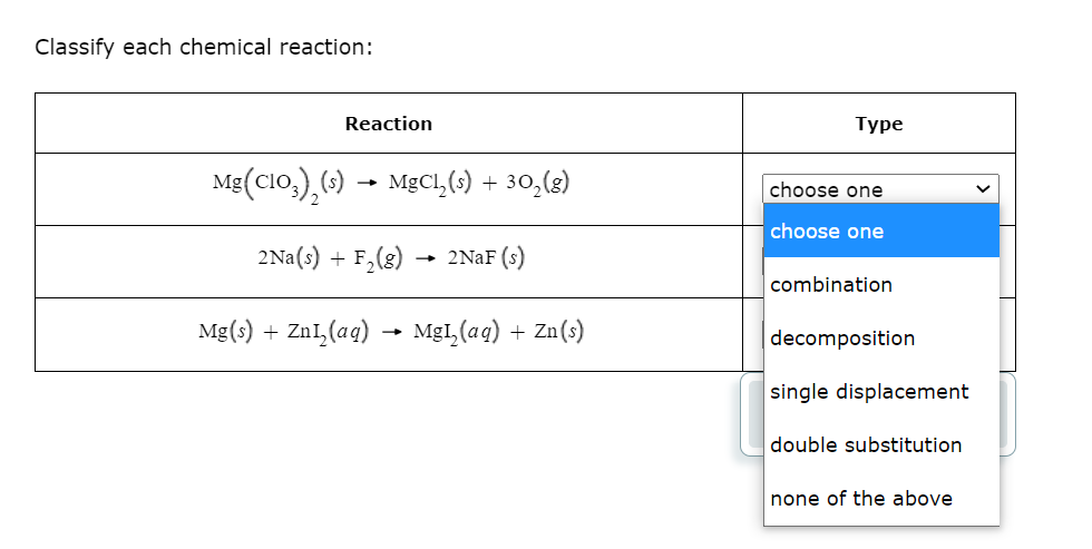 Classify each chemical reaction:
Reaction
Туре
Mg(C1o,),(-) → MgCl,(1) + 30,(8)
choose one
choose one
2Na(s) + F,(8)
2NAF (s)
combination
Mg(s) +
Zn1,(aq)
MgI,(aq) + Zn(s)
decomposition
single displacement
double substitution
none of the above
