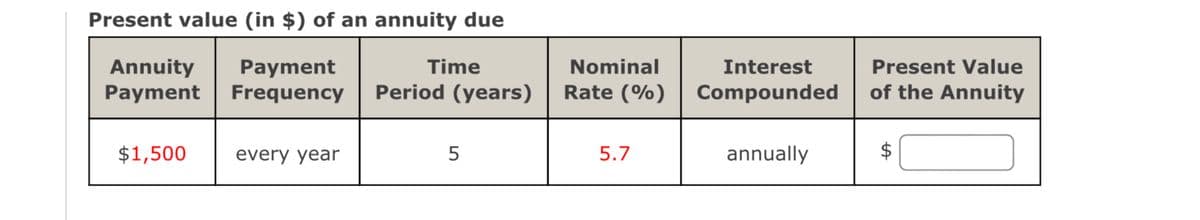 Present value (in $) of an annuity due
Annuity Payment
Payment Frequency
$1,500
every year
Time
Period (years)
5
Nominal
Rate (%)
5.7
Interest
Compounded
annually
Present Value
of the Annuity
tA