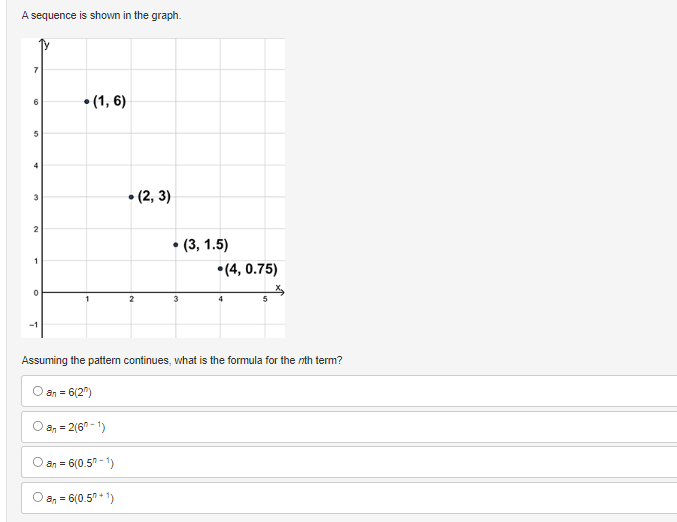 A sequence is shown in the graph.
7
2
1
0
-1
(1,6)
an = 2(6-1)
an = 6(0.50-1)
• (2, 3)
an = 6(0.5+1)
2
●
(3, 1.5)
Assuming the pattern continues, what is the formula for the nth term?
an = 6(2)
.(4, 0.75)
5