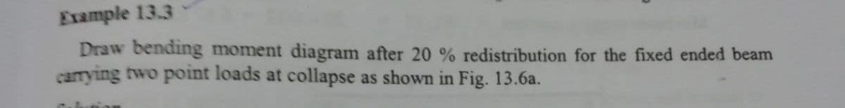 Example 13.3
Draw bending moment diagram after 20 % redistribution for the fixed ended beam
carrying two point loads at collapse as shown in Fig. 13.6a.
