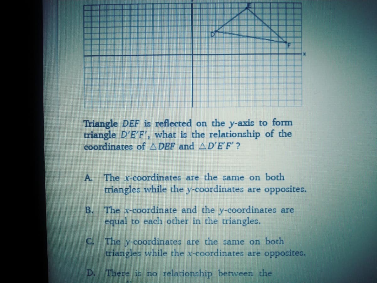 Triangle DEF is reflected on the y-axis to form
triangle D'E'F', what is the relationship of the
coordinates of ADEF and AD'EF ?
A. The x-coordinates are the same on both
triangles while the y-coordinates are opposites.
В.
The x-coordinate and the y-coordinates are
equal to each other in the triangles.
C. The y-coordinates are the same on both
criangles while the x-coordinates are opposites.
D.
There is no relationship between the
