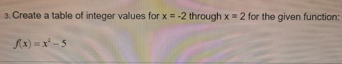 3. Create a table of integer values for x = -2 through x = 2 for the given function:
f(x)=x²-5