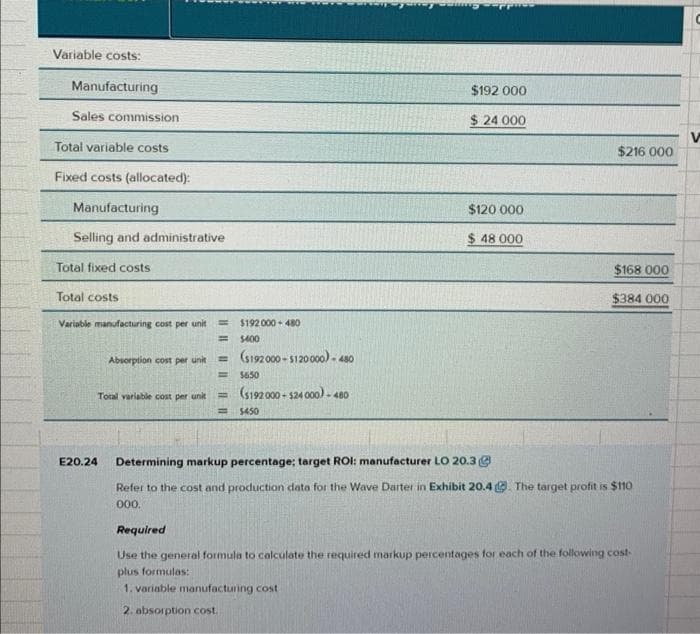 Variable costs:
Manufacturing
Sales commission
Total variable costs
Fixed costs (allocated):
Manufacturing
Selling and administrative
Total fixed costs
Total costs
Variable manufacturing cost per unit
E20.24
Absorption cost per unit
Total variable cost per unit
=
= $400
$192000-480
=
($192000-$120000)- 480
= ($192000-124000)-480
=$450
= 5650
$192 000
$ 24 000
$120 000
$48 000
$216 000
$168 000
$384 000
Determining markup percentage; target ROI: manufacturer LO 20.3
Refer to the cost and production data for the Wave Darter in Exhibit 20.4. The target profit is $110
000.
Required
Use the general formula to calculate the required markup percentages for each of the following cost-
plus formulas:
1. variable manufacturing cost
2. absorption cost.