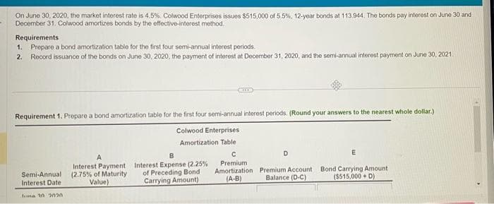 On June 30, 2020, the market interest rate is 4,5%, Colwood Enterprises issues $515,000 of 5.5%, 12-year bonds at 113.944. The bonds pay interest on June 30 and
December 31. Colwood amortizes bonds by the effective-interest method.
Requirements
1. Prepare a bond amortization table for the first four semi-annual interest periods.
2. Record issuance of the bonds on June 30, 2020, the payment of interest at December 31, 2020, and the semi-annual interest payment on June 30, 2021.
Requirement 1. Prepare a bond amortization table for the first four semi-annual interest periods. (Round your answers to the nearest whole dollar.)
Colwood Enterprises
Amortization Table
Semi-Annual
Interest Date
June 30 2020
A
Interest Payment
(2.75% of Maturity
Value)
B
Interest Expense (2.25%
of Preceding Bond
Carrying Amount)
C
Premium
Amortization
(A-B)
D
Premium Account
Balance (D-C)
E
Bond Carrying Amount
($515,000 + D)