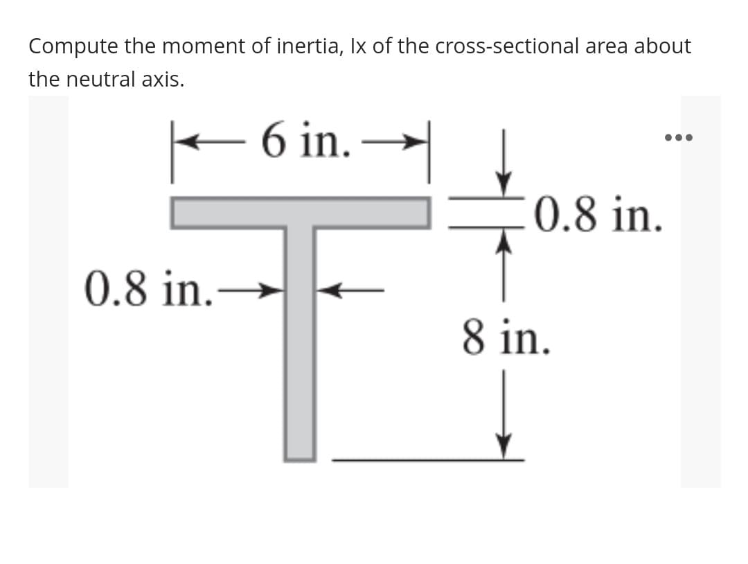 Compute the moment of inertia, Ix of the cross-sectional area about
the neutral axis.
6 in.
0.8 in.
0.8 in.-
8 in.
