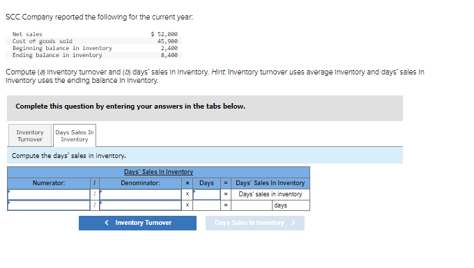 SCC Company reported the following for the current year:
Net sales
Cost of goods sold
Beginning balance in inventory
Ending balance in inventory
Compute (a) Inventory turnover and (b) days' sales In Inventory. Hint Inventory turnover uses average Inventory and days' sales in
Inventory uses the ending balance in Inventory.
$ 52,000
45,900
2,489
8,400
Complete this question by entering your answers in the tabs below.
Inventory Days Sales In
Turnover
Inventory
Compute the days' sales in inventory.
Numerator:
Days' Sales In Inventory
Denominator:
< Inventory Turnover
Days
Days' Sales In Inventory
Days' sales in inventory
days
Days Sales In Inventory >
=