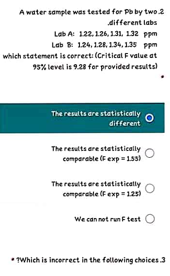 A water sample was tested for Pb by two.2
.different labs
Lab A: 1.22, 1.26, 1.31, 1.32 ppm
Lab B: 1.24, 1.28, 1.34, 1.35 ppm
which statement is correct: (Critical F value at
95% level is 9.28 for provided results)
The results are statistically
different
The results are statistically
comparable (F exp = 1.55)
The results are statistically
comparable (F exp = 1.25)
We can not run F test O
* ?Which is incorrect in the following choices.3
